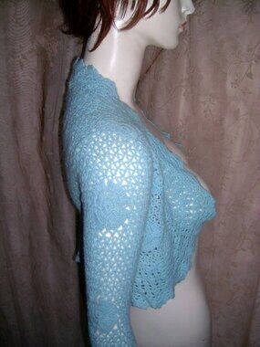 xs M A G Magaschoni 100% Cashmere Knit Lace Baby Blue  Shoulder Shrug